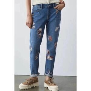 Pilcro the Letterpress Patchwork Boyfriend Jeans Blue Slim Straight Denim Sz 27